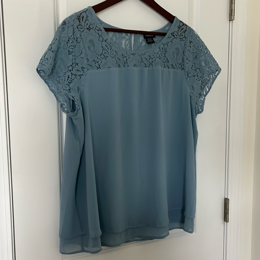 Torrid Light Blue Short Sleeve Blouse with Lace